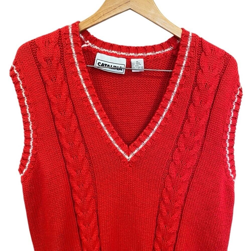 Vintage Catalina Red Cable Knit Cricket Sweater Vest XL 90s Preppy - Picture 3 of 6